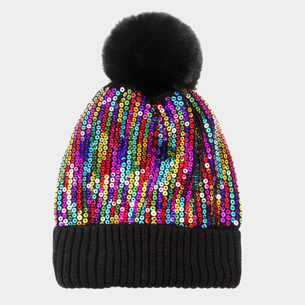 Colorful Metallic Sequin Fur Pom Pom Style Winter Beanie Hat Fashion Accessory